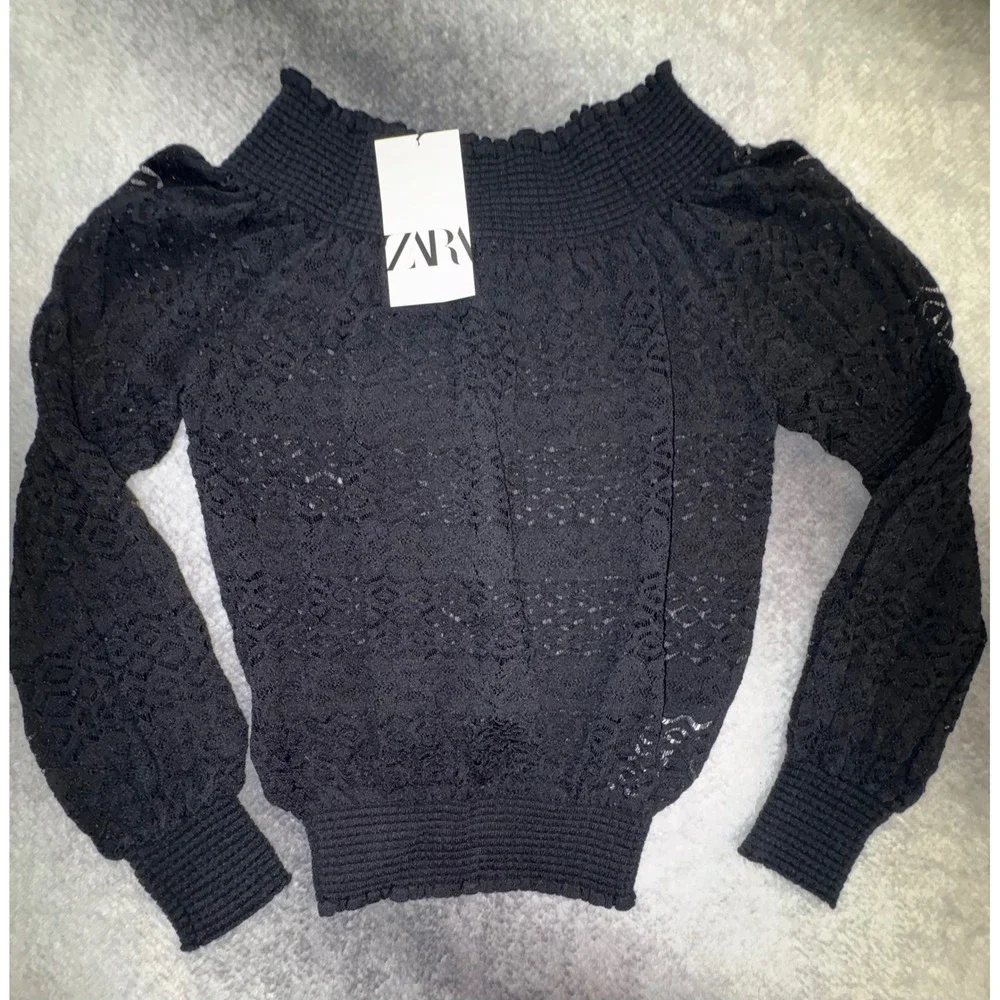 (B6) Zara Black Pointelle Lace Off the Shoulder Smocked‎ Knit Top Small NWT